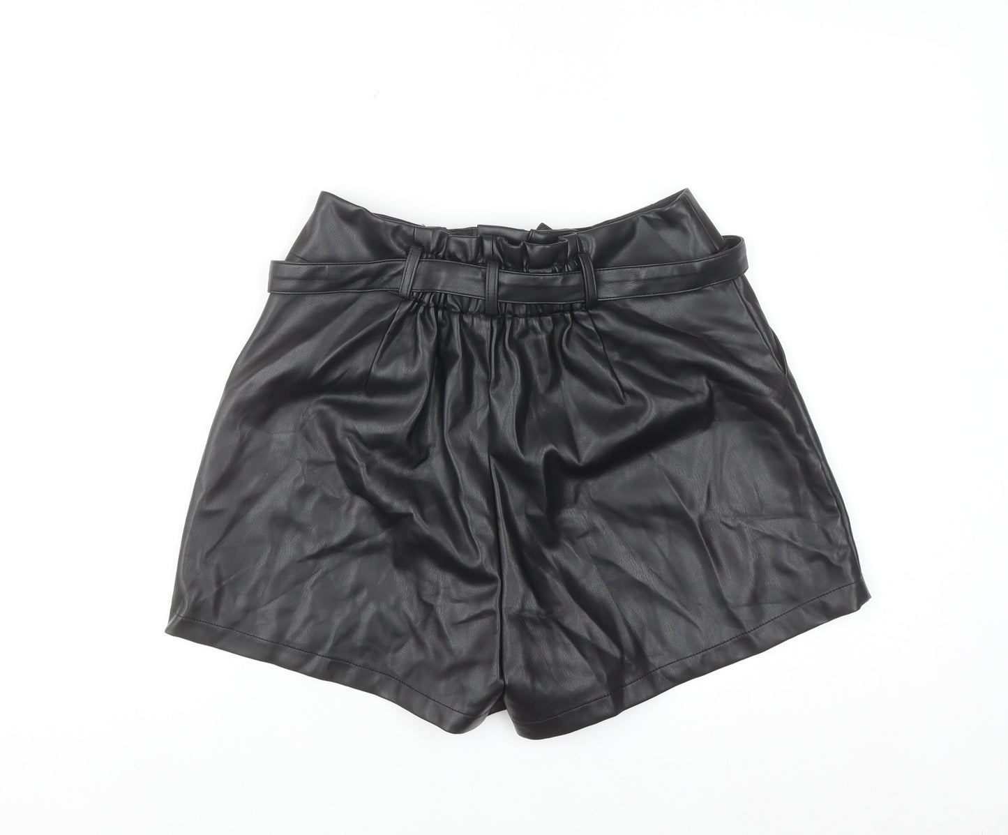 Aaron & Amber Womens Black Faux Leather Paperbag Shorts M