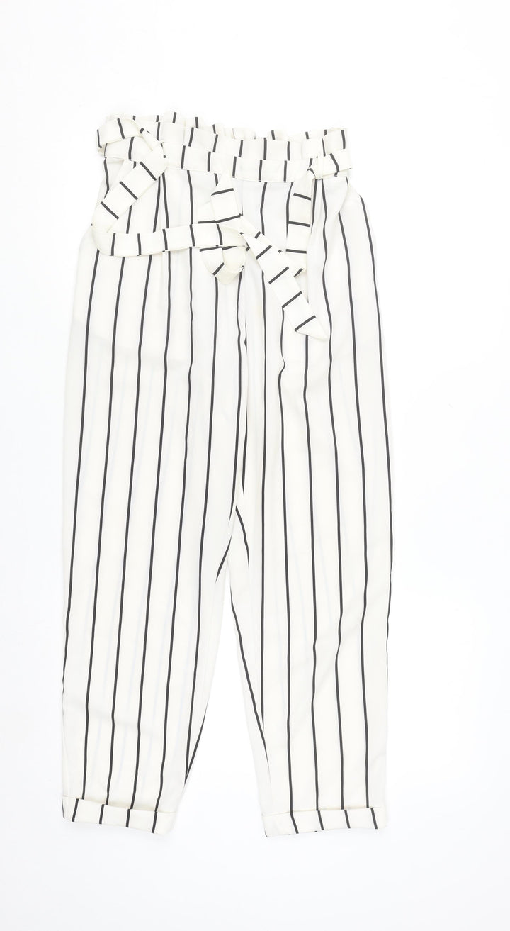Pull & Bear Womens White Striped Paperbag Trousers Size 12
