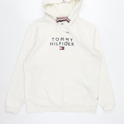 Tommy Hilfiger Men's White Pullover Hoodie M Logo Fleece