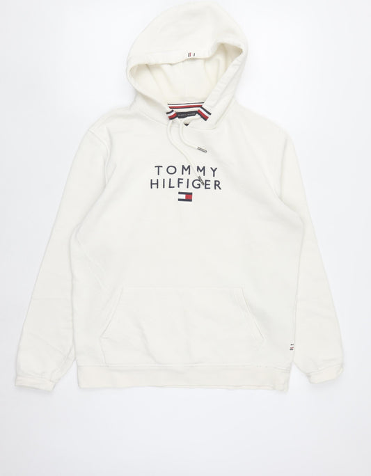 Tommy Hilfiger Men's White Pullover Hoodie M Logo Fleece