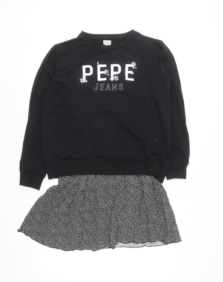 Pepe Jeans Girls Black Logo Sweatshirt Dress Size 16 Years Cotton Blend