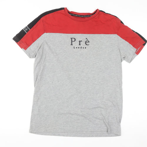 Pre London Men's Grey and Red Colourblock Crew Neck T-Shirt Small