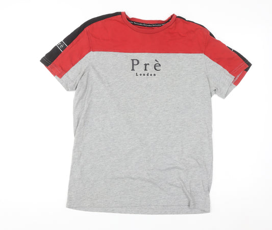 Pre London Men's Grey and Red Colourblock Crew Neck T-Shirt Small