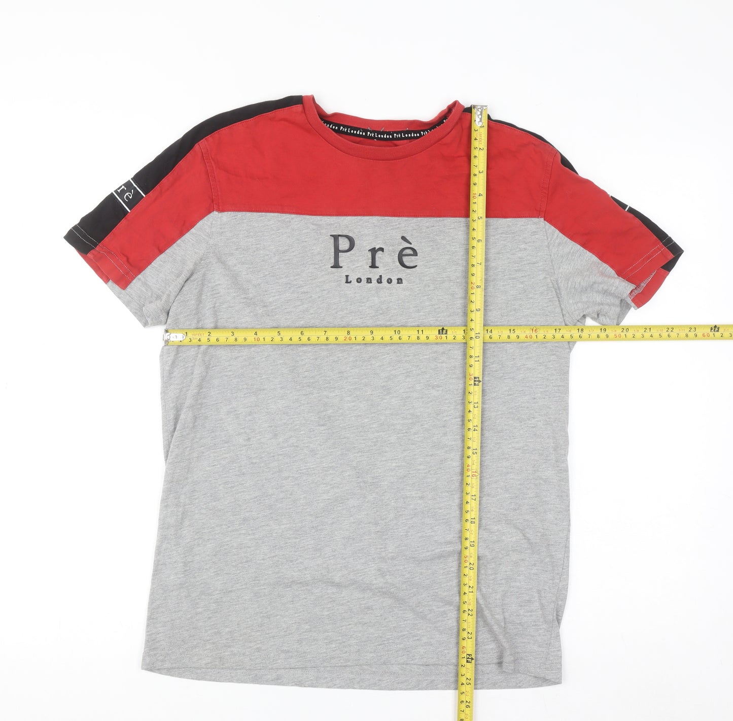 Pre London Men's Grey and Red Colourblock Crew Neck T-Shirt Small