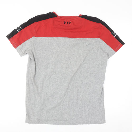 Pre London Men's Grey and Red Colourblock Crew Neck T-Shirt Small