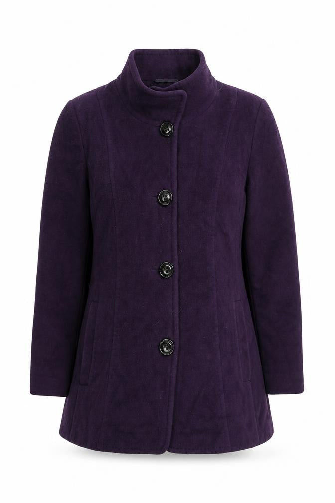Front view of JOBIS Women's Purple Wool Angora Mid-Length Coat, size 14