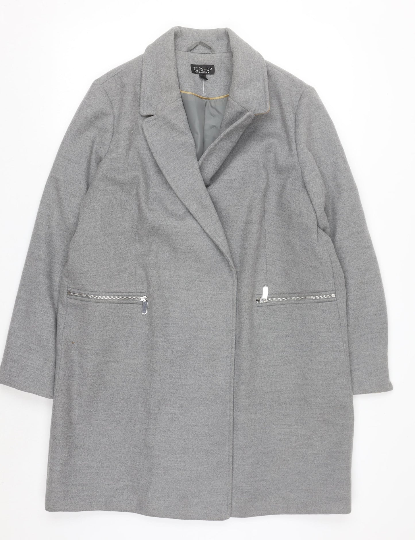 Topshop Women's Grey Mid-Length Overcoat Size 14 Polyester Blend