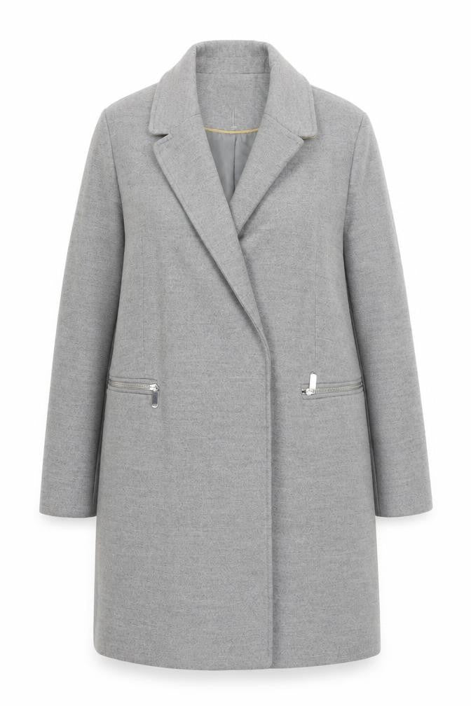 Front view of Topshop Women's Grey Mid-Length Overcoat, size 14, Polyester Blend
