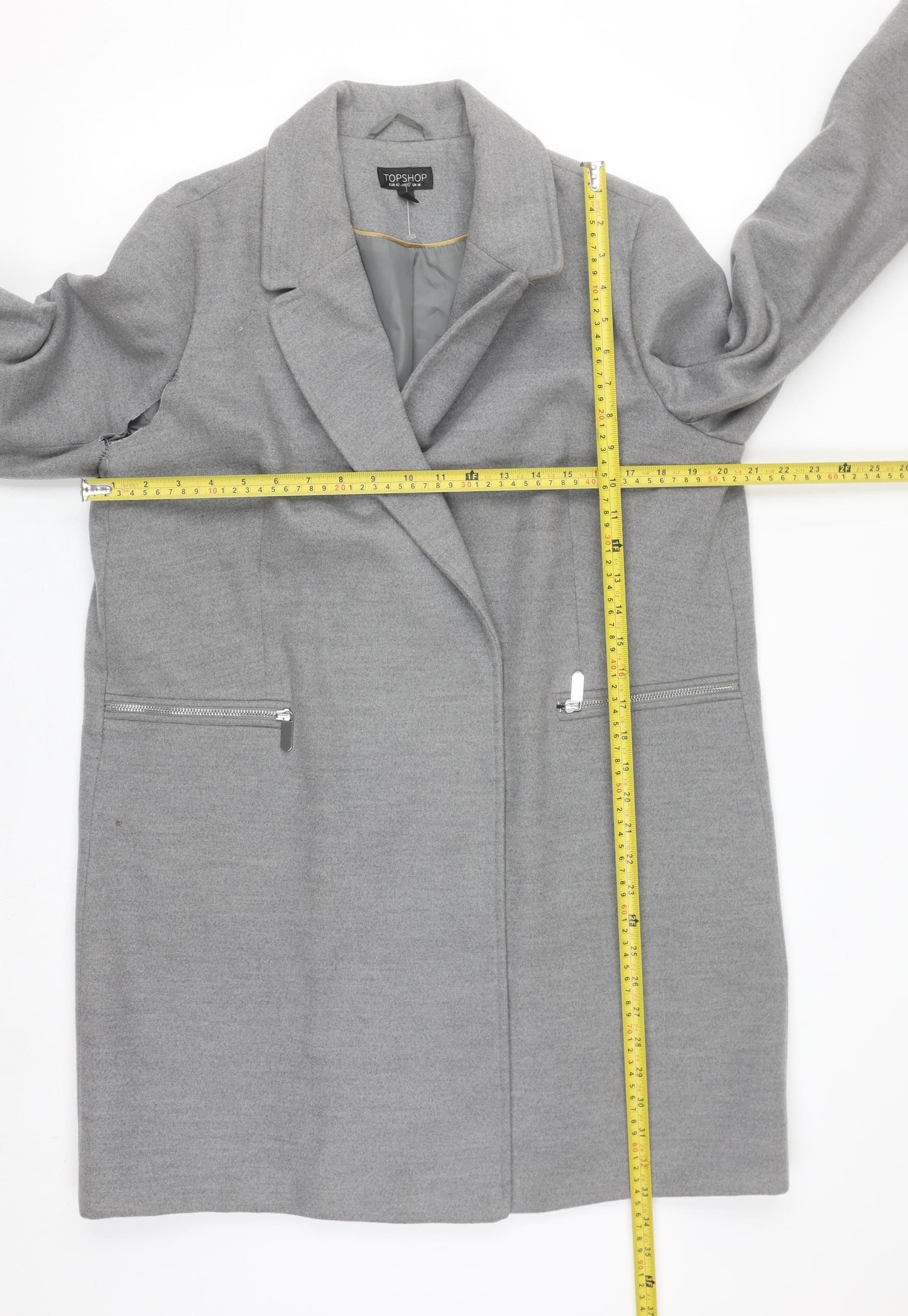 Topshop Women's Grey Mid-Length Overcoat Size 14 Polyester Blend