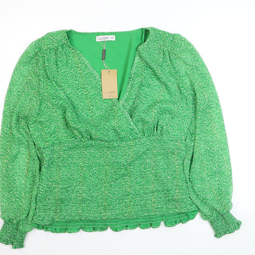 Gallery Women's Green Wrap Blouse Size 16 Long Sleeve V-Neck