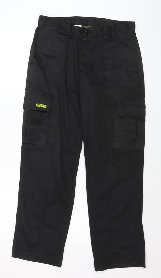 Site King Men's Black Cargo Work Trousers Size 32 Short Durable Cotton