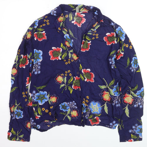 ASOS Women Blue Floral Long Sleeve Button-Up Viscose Shirt Size 10