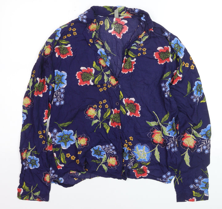 ASOS Women Blue Floral Long Sleeve Button-Up Viscose Shirt Size 10