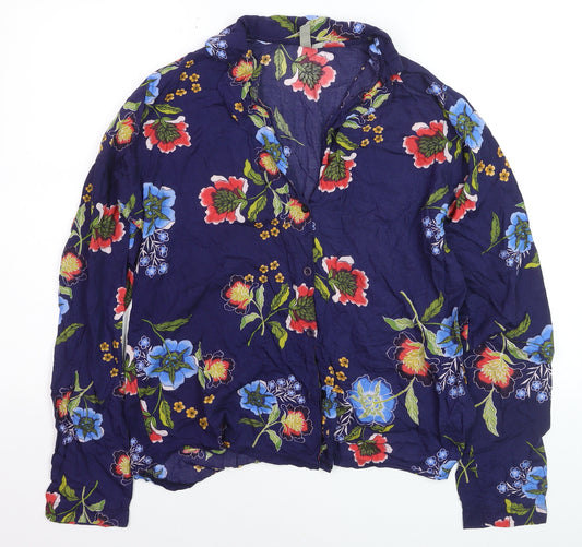 ASOS Women Blue Floral Long Sleeve Button-Up Viscose Shirt Size 10