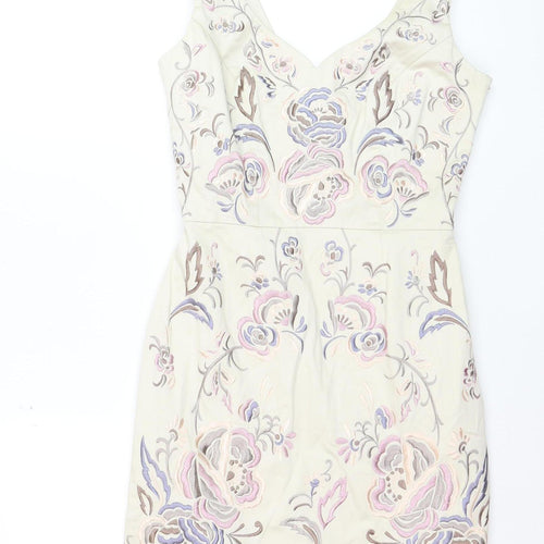 Warehouse Women Beige Floral Embroidered Bodycon Dress Size 10