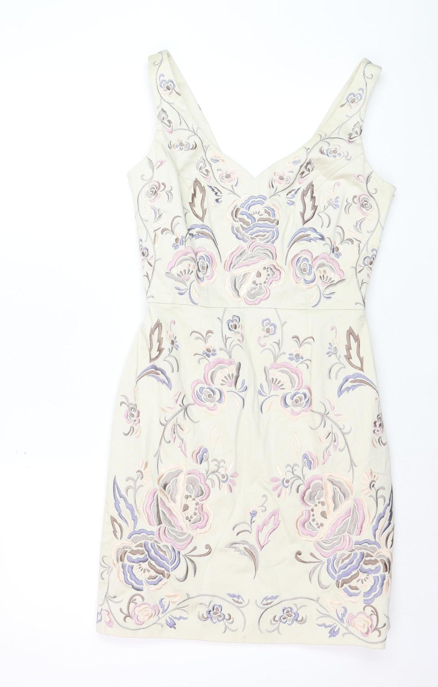 Warehouse Women Beige Floral Embroidered Bodycon Dress Size 10