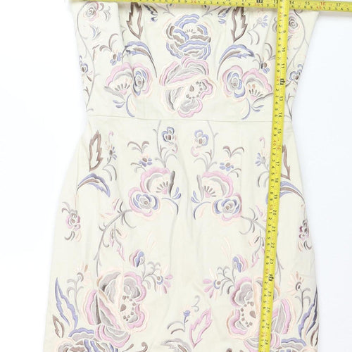 Warehouse Women Beige Floral Embroidered Bodycon Dress Size 10