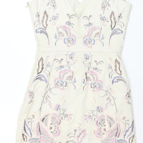 Warehouse Women Beige Floral Embroidered Bodycon Dress Size 10