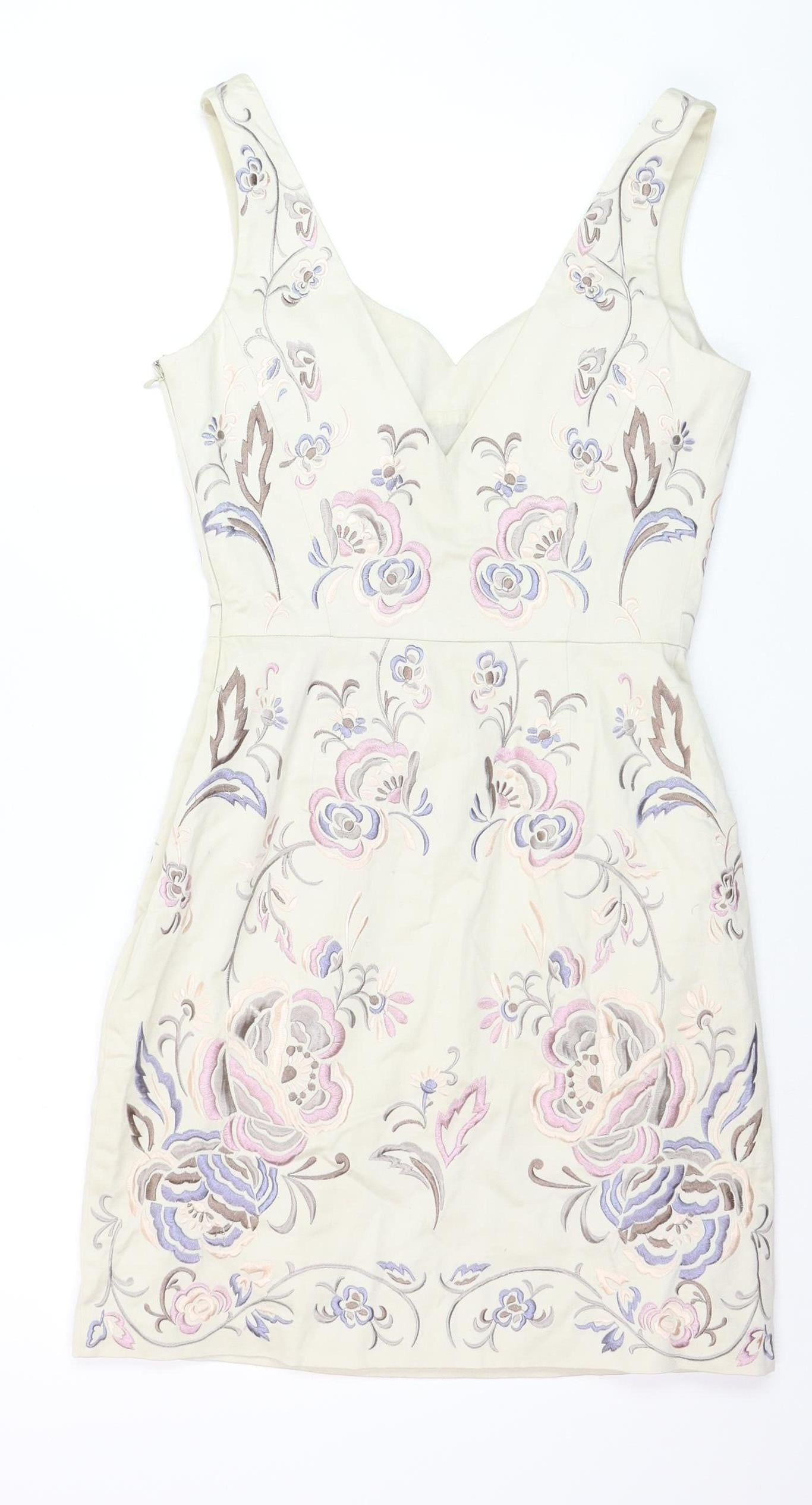 Warehouse Women Beige Floral Embroidered Bodycon Dress Size 10