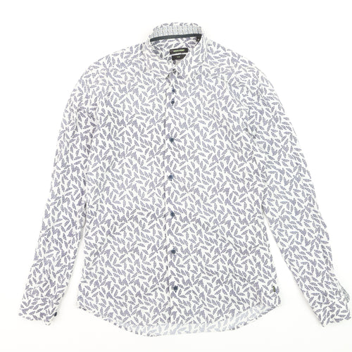 Remus Uomo Men's Blue Leaf Print Slim Fit Long Sleeve Formal Shirt 15.5/39
