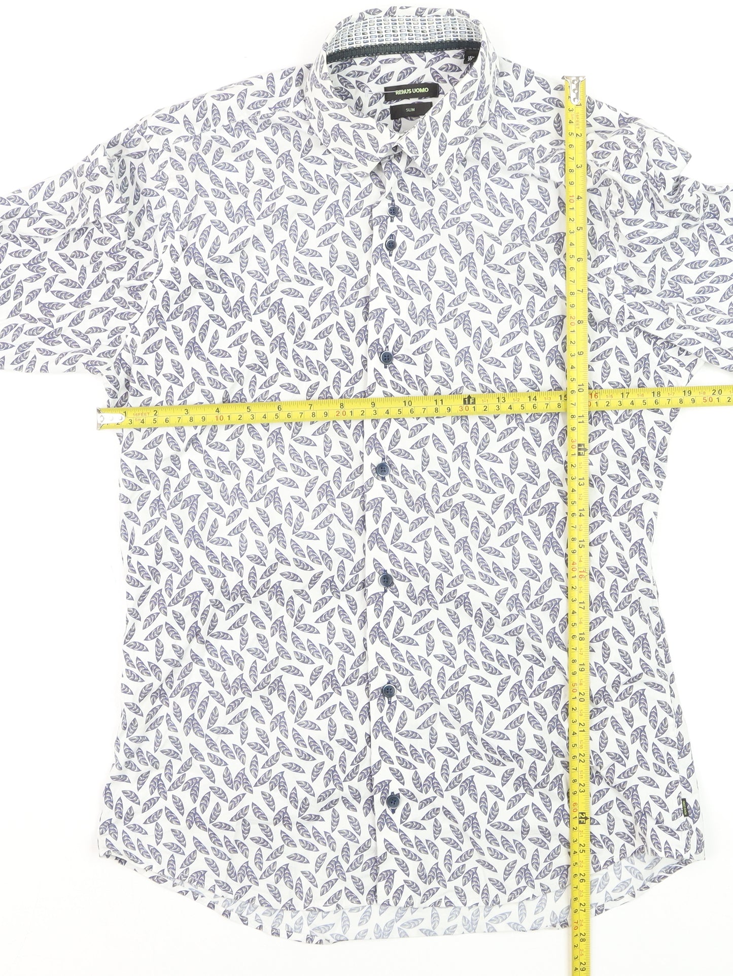Remus Uomo Men's Blue Leaf Print Slim Fit Long Sleeve Formal Shirt 15.5/39