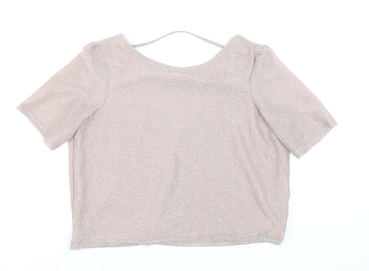 River Island Women Beige Cropped V-Neck Short Sleeve Top Size 8