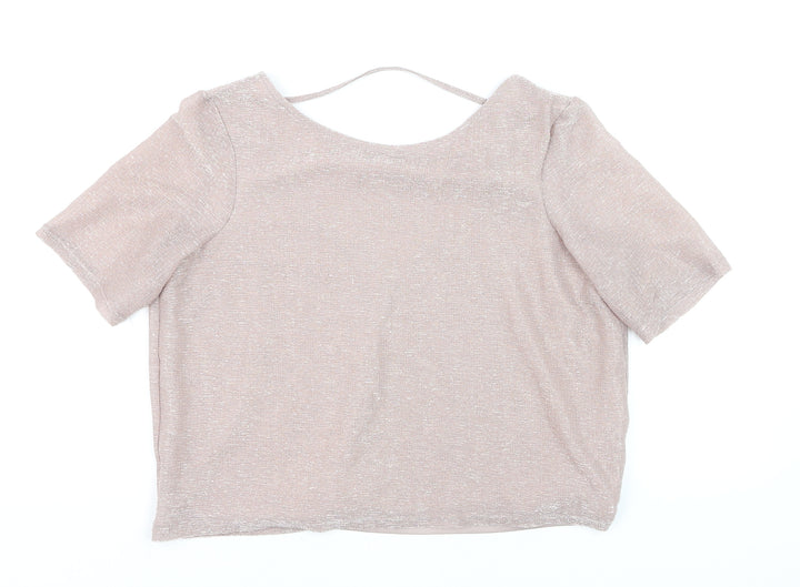 River Island Women Beige Cropped V-Neck Short Sleeve Top Size 8