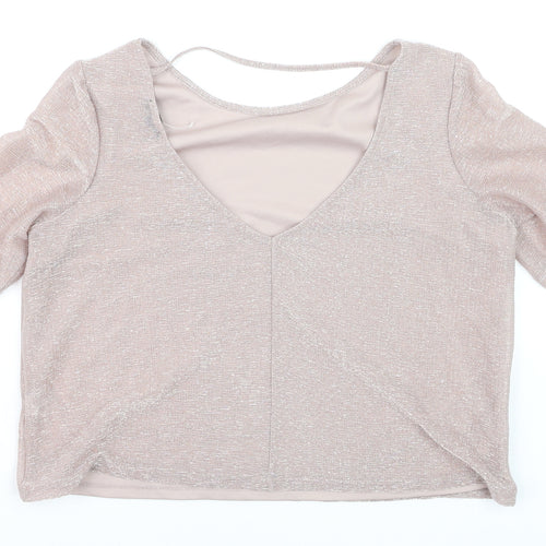River Island Women Beige Cropped V-Neck Short Sleeve Top Size 8