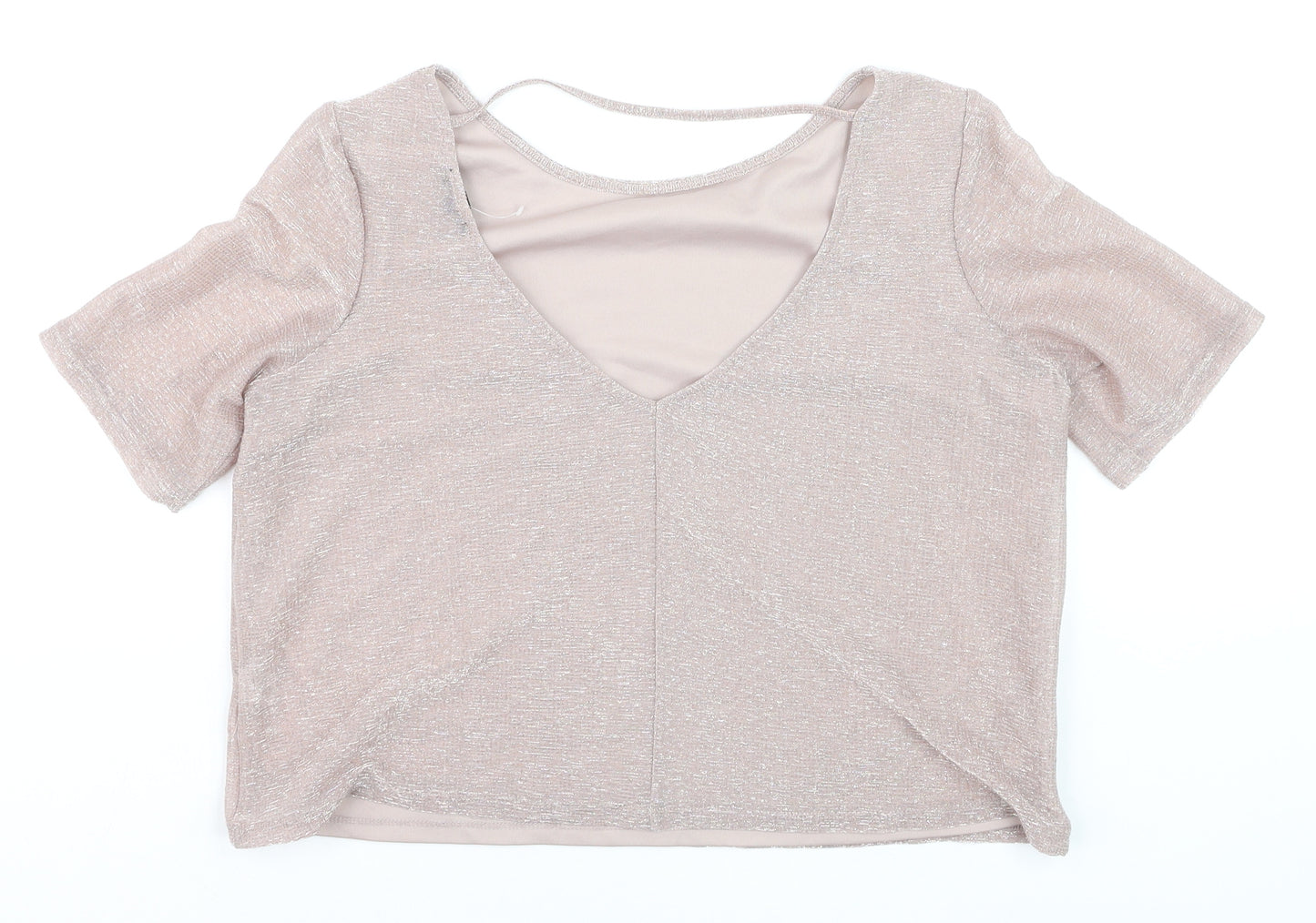 River Island Women Beige Cropped V-Neck Short Sleeve Top Size 8