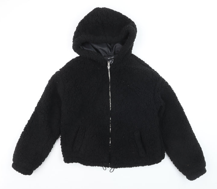 New Look Women's Black Hooded Teddy Fleece Short Puffer Jacket Size S