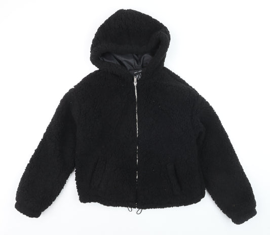 New Look Women's Black Hooded Teddy Fleece Short Puffer Jacket Size S