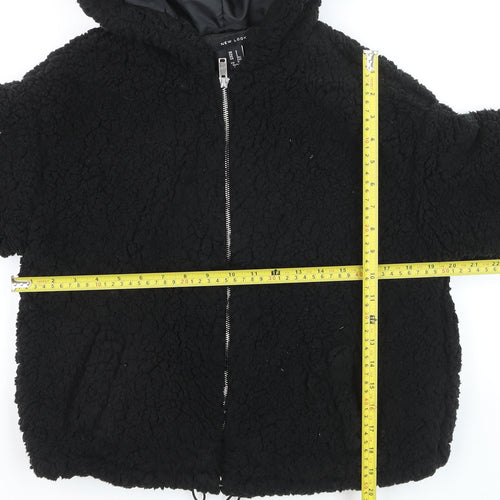 New Look Women's Black Hooded Teddy Fleece Short Puffer Jacket Size S