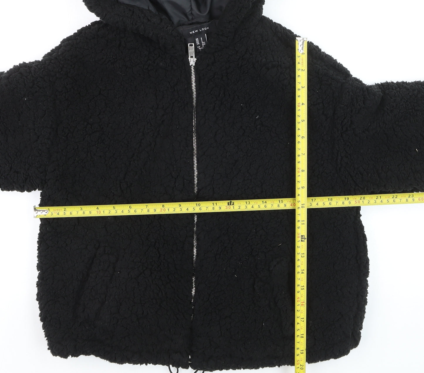 New Look Women's Black Hooded Teddy Fleece Short Puffer Jacket Size S