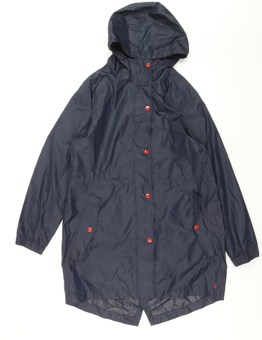 Joules Womens Navy Blue Waterproof Rain Coat Size 12 Hooded Long