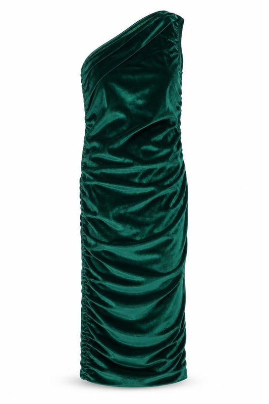 Front view of PRETTYLITTLETHING Women Green One Shoulder Velvet Bodycon Dress, size 10