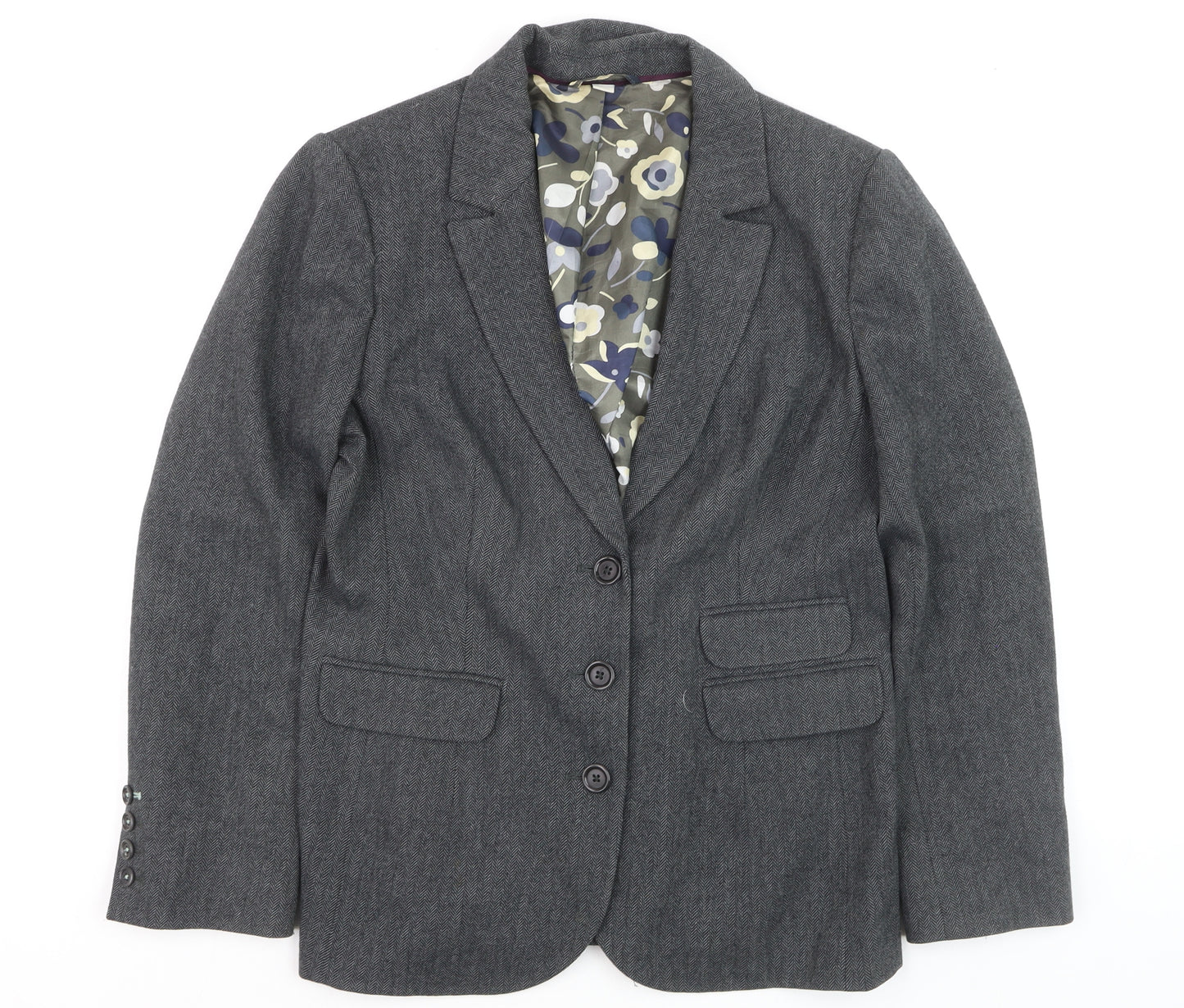 Boden Women Grey Wool Blend Herringbone Blazer Jacket UK 10
