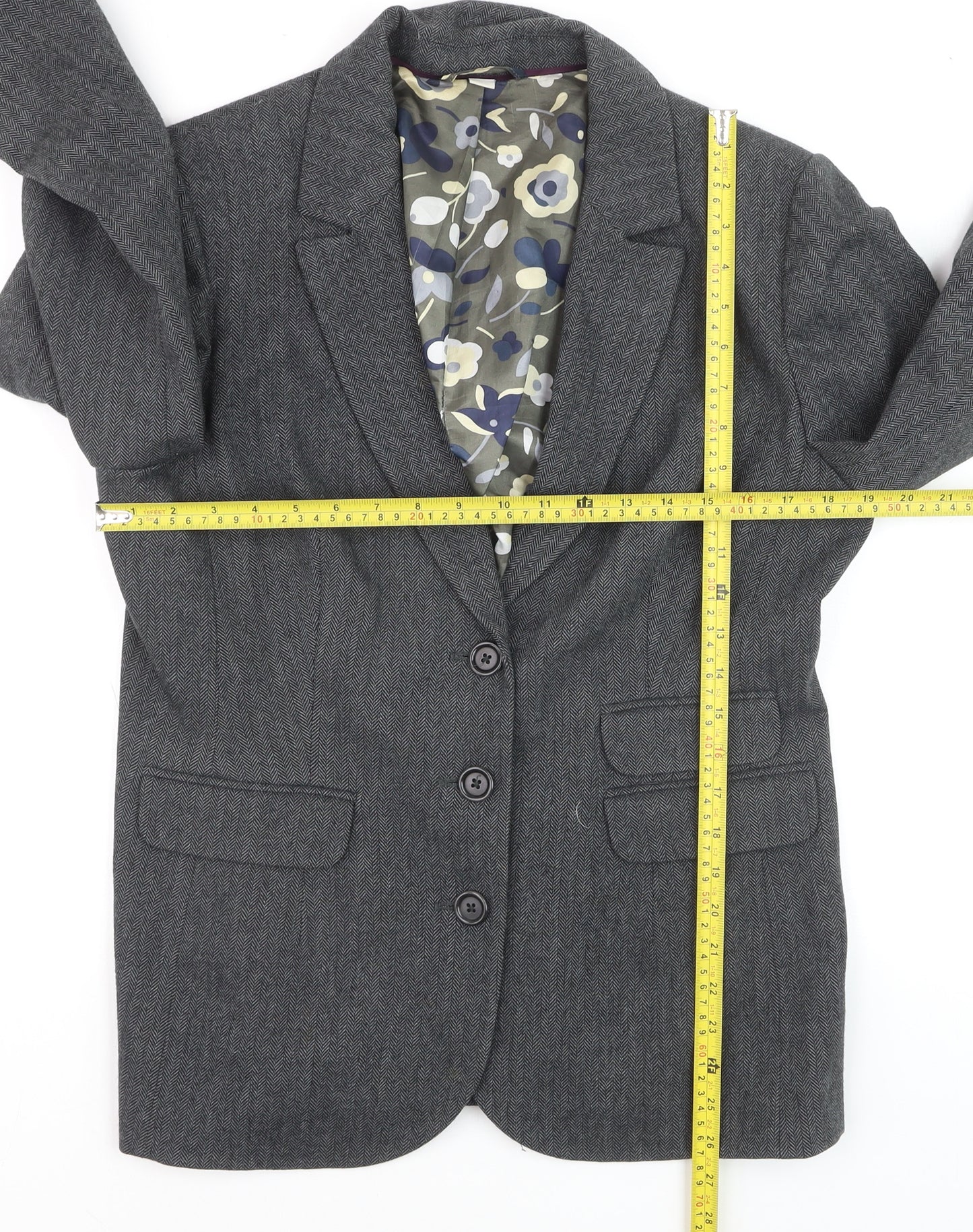 Boden Women Grey Wool Blend Herringbone Blazer Jacket UK 10