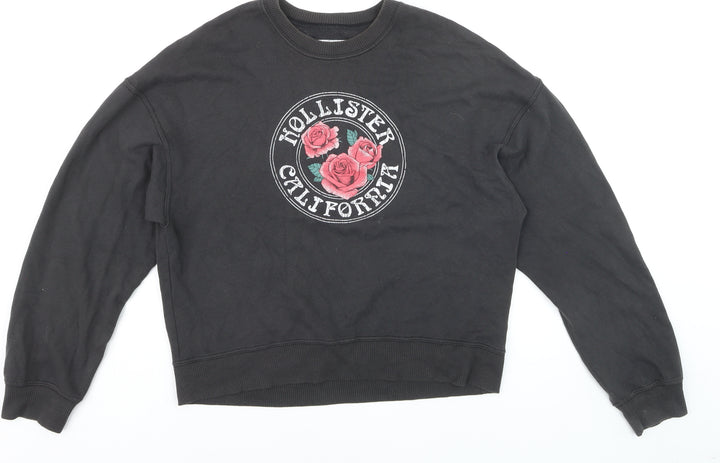 Hollister California Men's Black Sweatshirt Small Crew Neck Floral Graphic