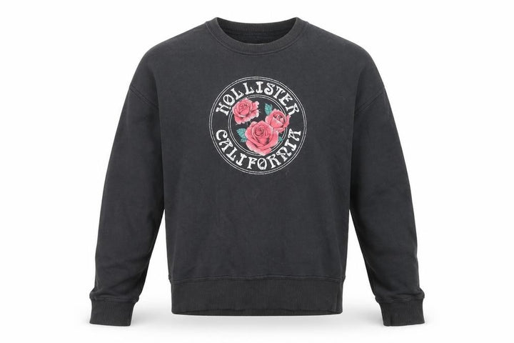 Hollister California Men's Black Sweatshirt Small Crew Neck Floral Graphic