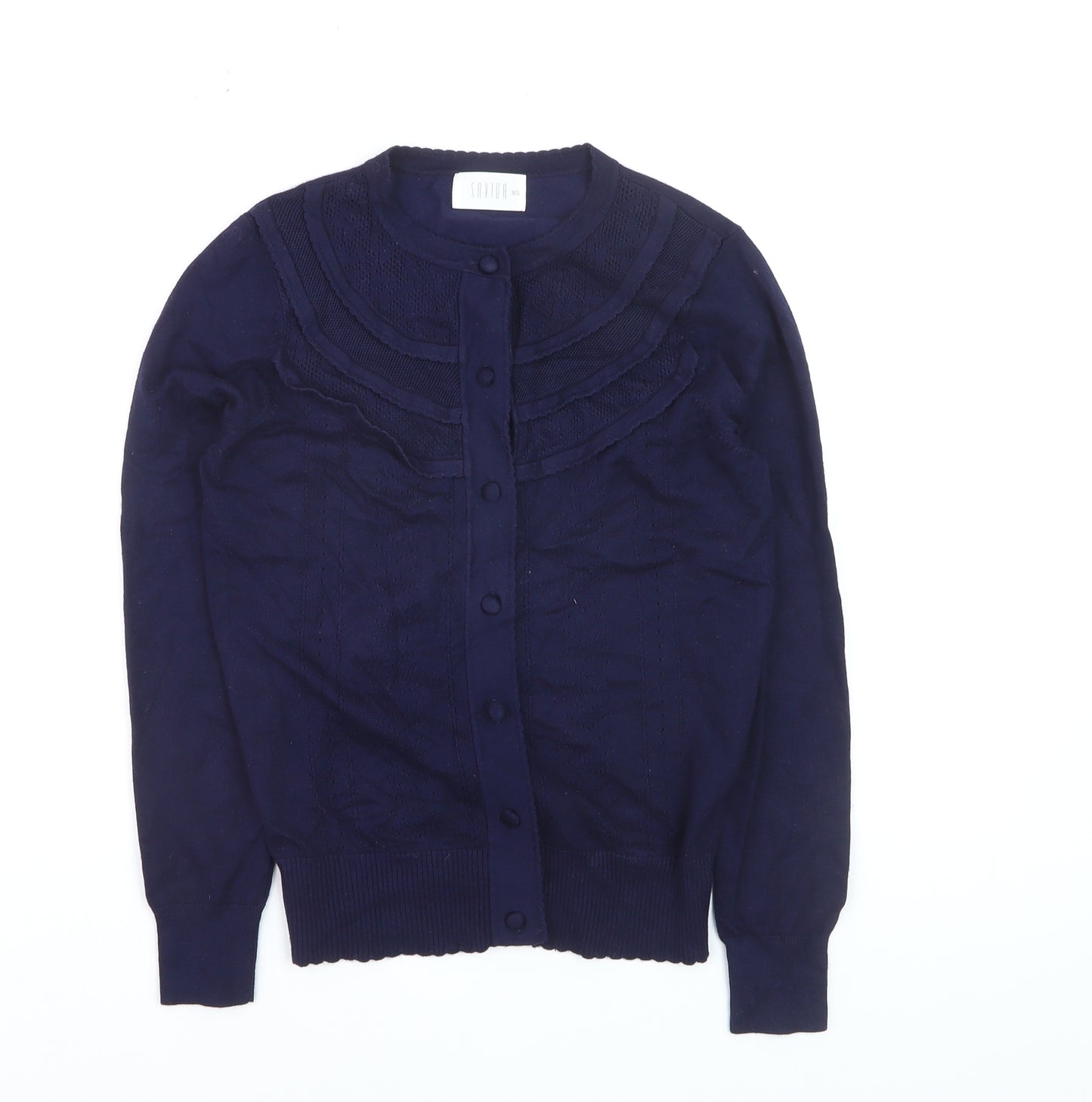 Savida Women's Blue Cotton Crew Neck Button Cardigan XS
