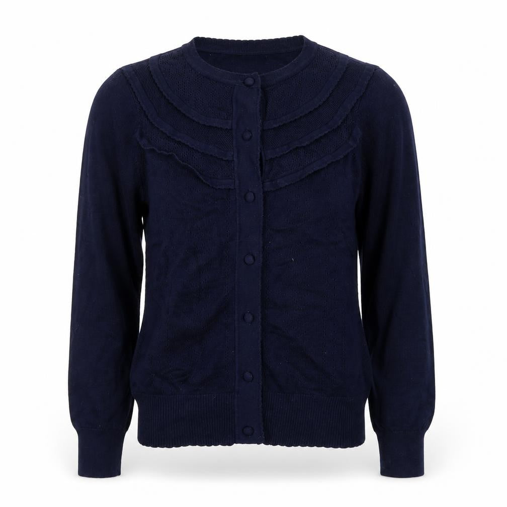 Front view of Savida Women's Blue Cotton Crew Neck Button Cardigan XS