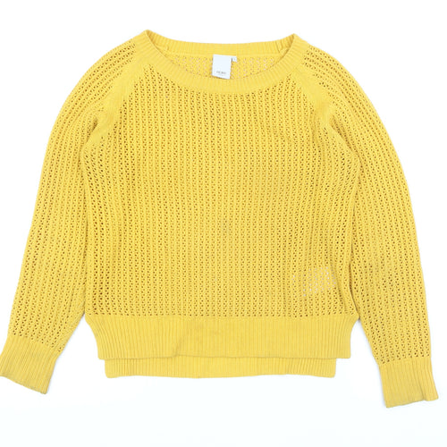 ICHI Women Yellow Open Knit Cotton Blend Jumper Size S