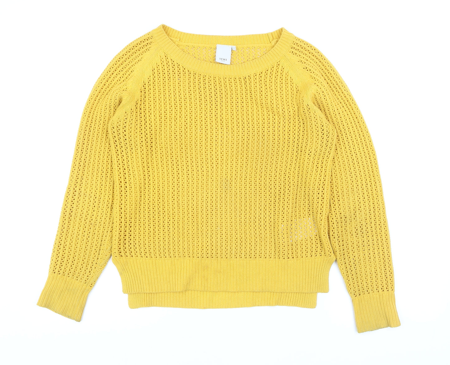 ICHI Women Yellow Open Knit Cotton Blend Jumper Size S