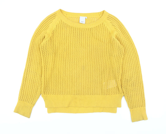 ICHI Women Yellow Open Knit Cotton Blend Jumper Size S
