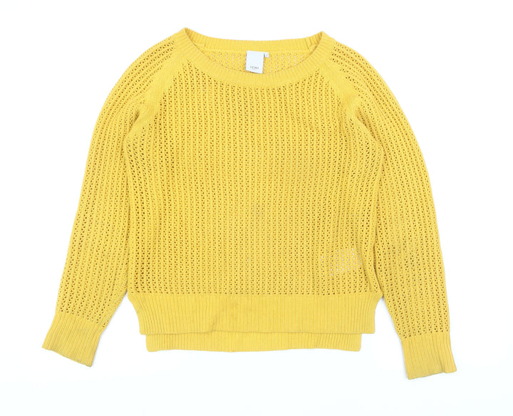 ICHI Women Yellow Open Knit Cotton Blend Jumper Size S