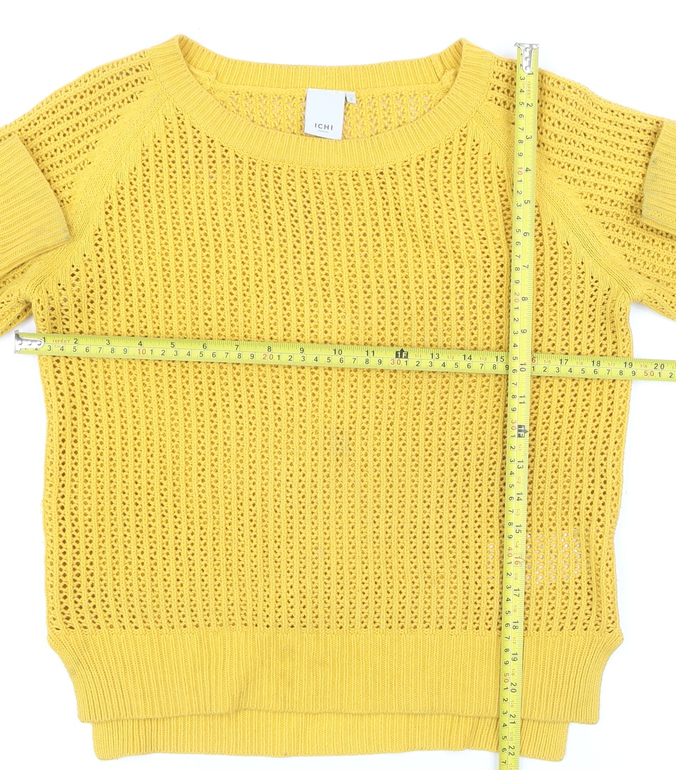ICHI Women Yellow Open Knit Cotton Blend Jumper Size S