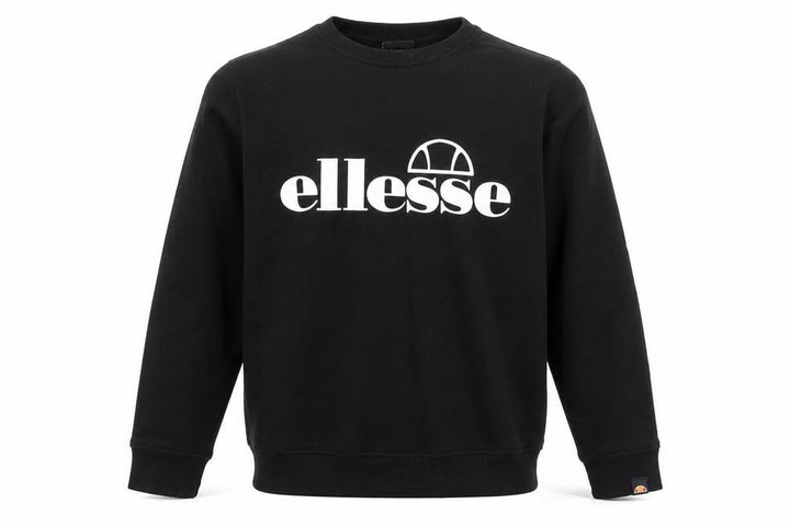 Front view of Ellesse boys’ black crew neck jumper uk 8 logo sweatshirt