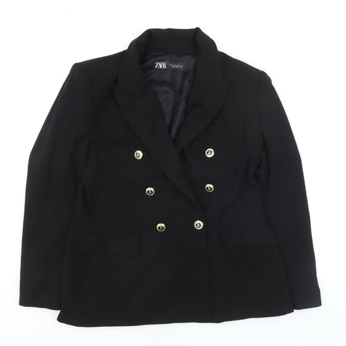 ZARA Women Black Double-Breasted Blazer Size 14 with Gold Buttons