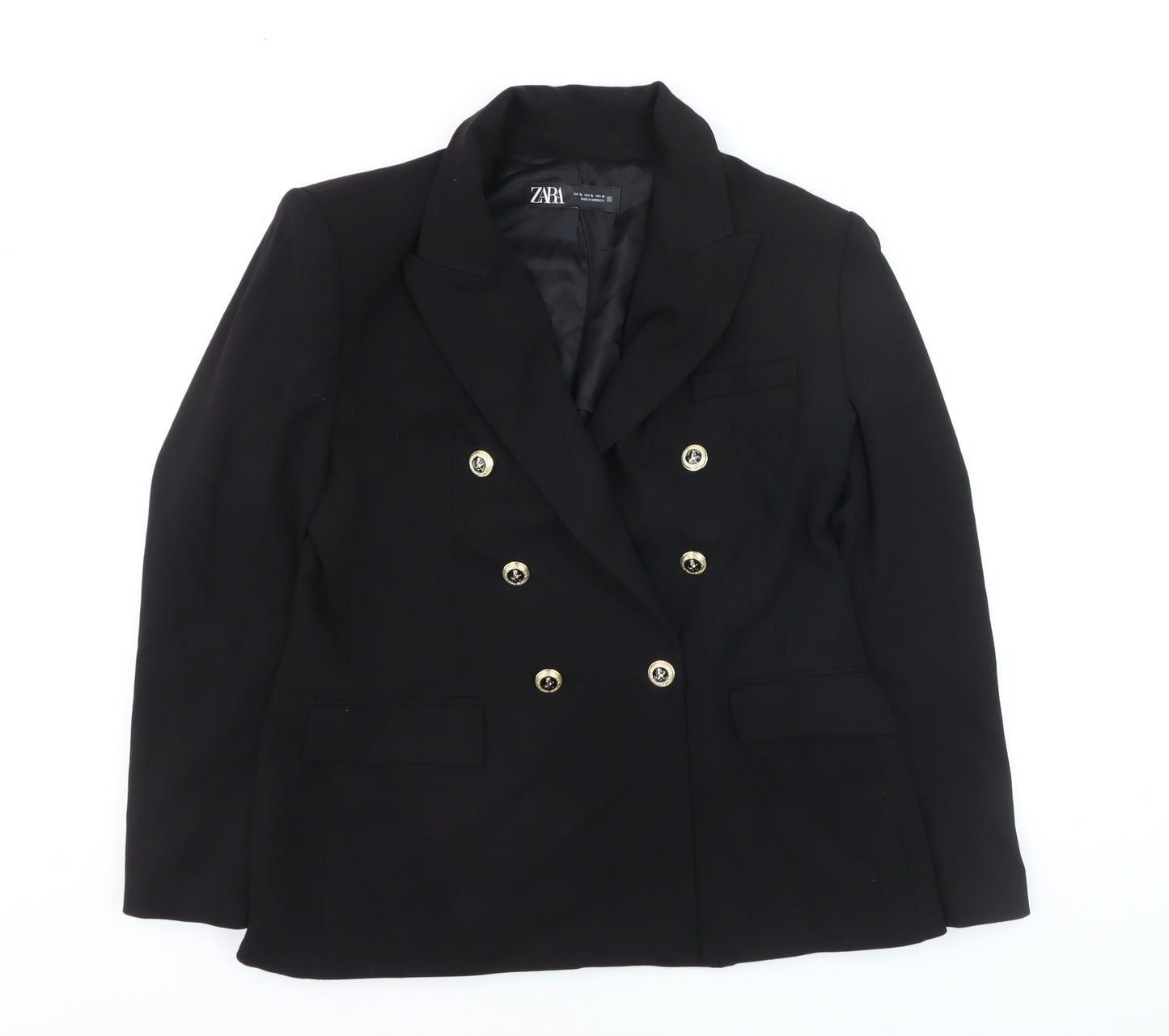 ZARA Women Black Double-Breasted Blazer Size 14 with Gold Buttons