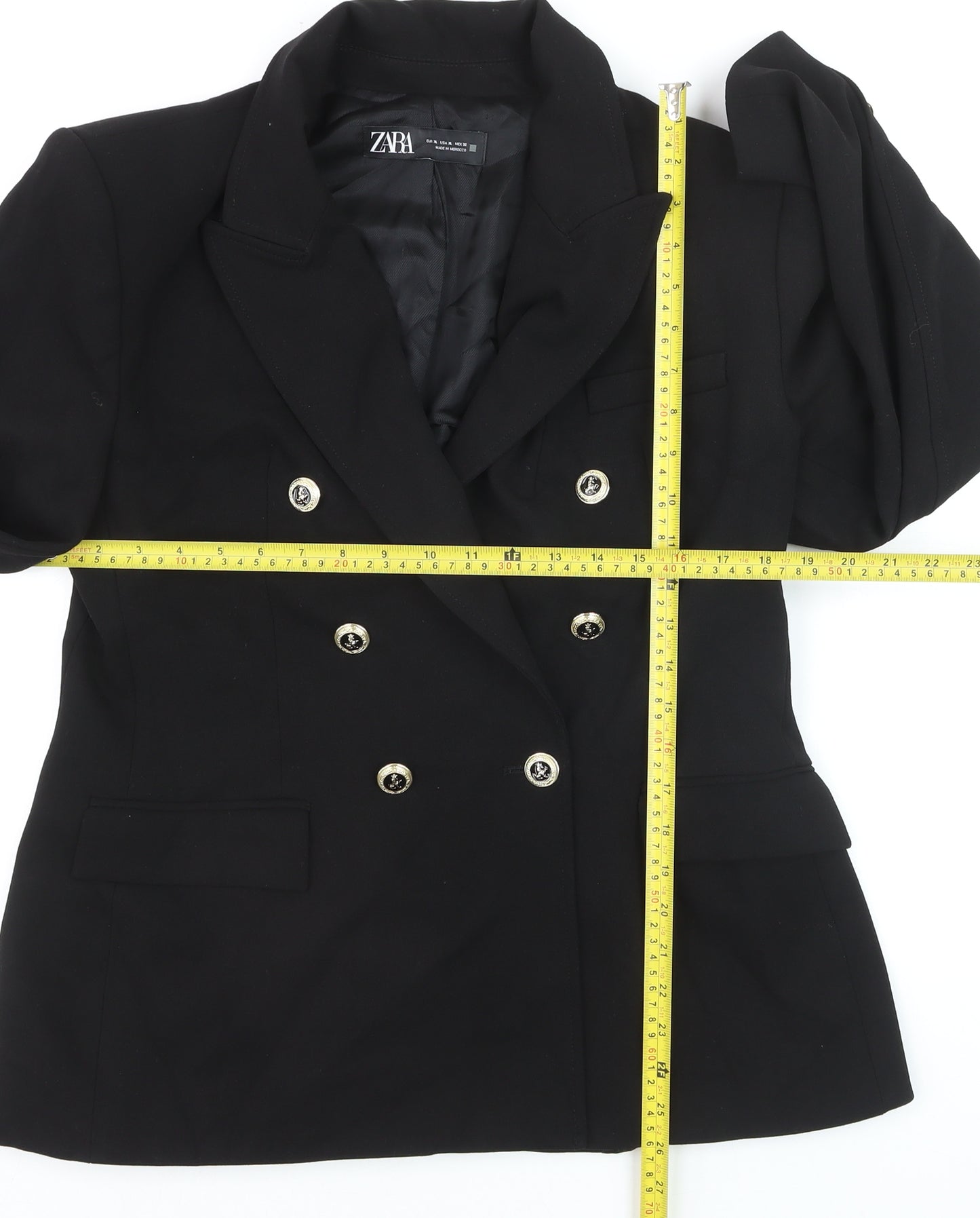 ZARA Women Black Double-Breasted Blazer Size 14 with Gold Buttons